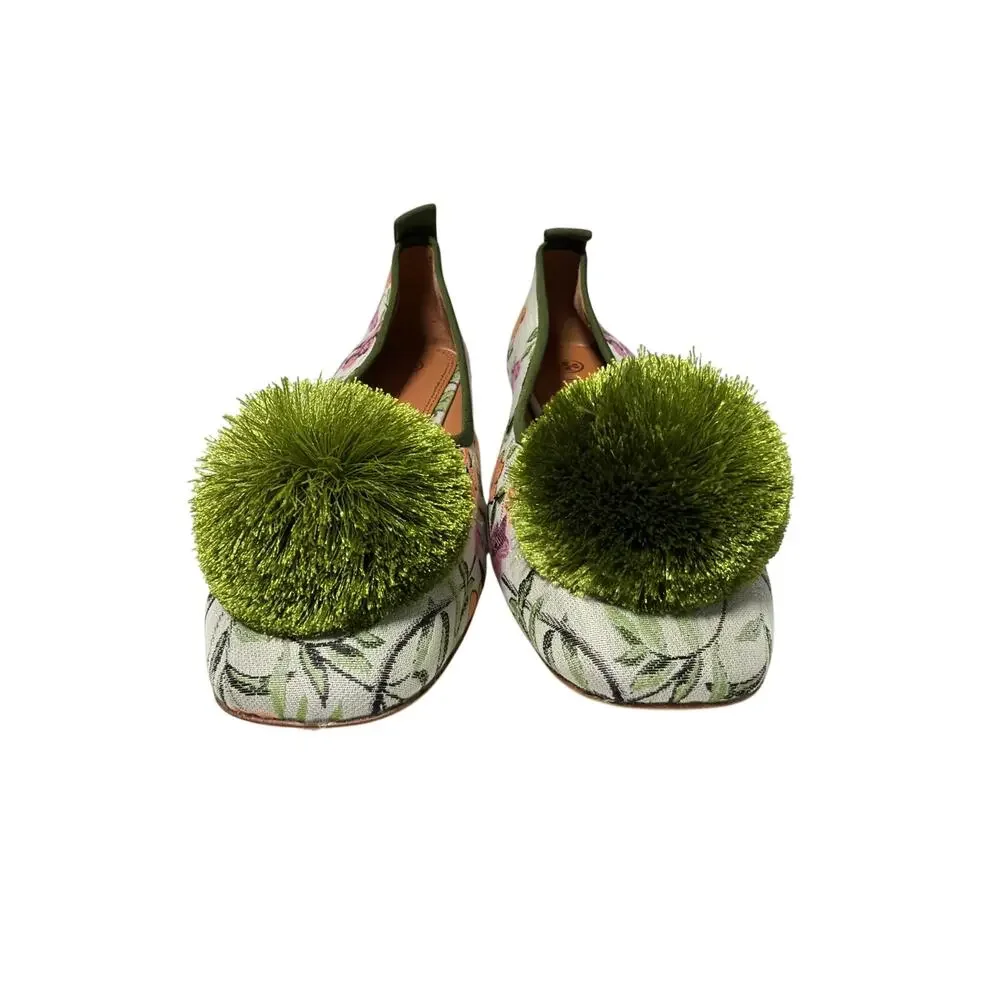 Tory Burch Floral Pom Pom Ballet Flats Size 6M NWOT Canvas Leather Slip On